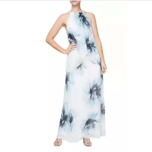 SLNY Printed Tulip Maxi Dress Style 9171810. Size 14. Color: Ivory Mult - Picture 2 of 8